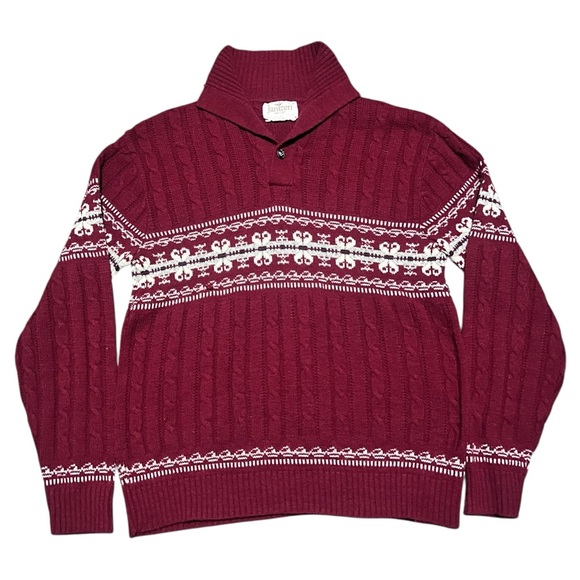 True vintage 70s Jantzen Men's Burgundy Turtleneck Sweater with White Pattern